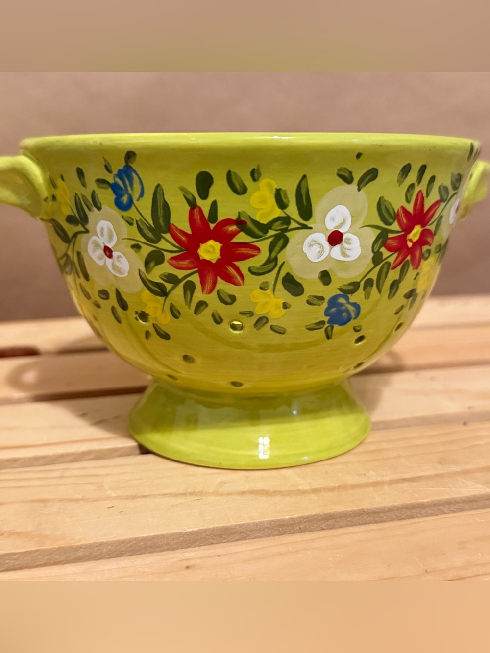 Espana Hand-Painted Lime Green Floral Ceramic Footed Bowl